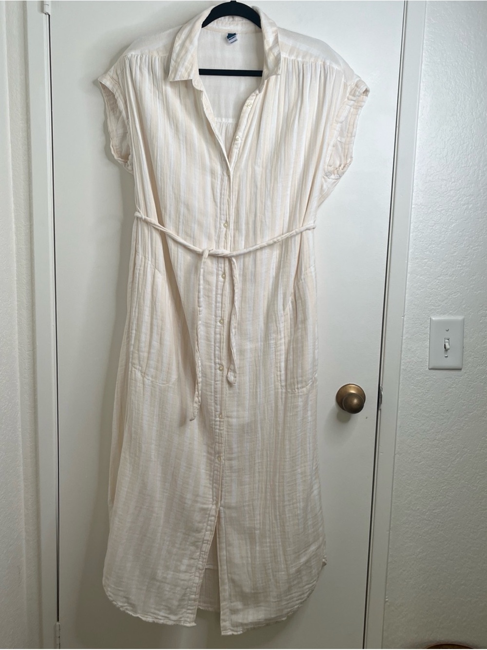 Old Navy Gauzy Striped Button Dress Sz Medium Tall Cream 100% Cotton Boho Beach